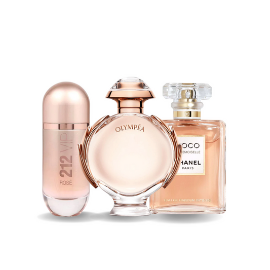 3 parfüm készlet Carolina Herrera 212 VIP ROSÉ, Paco Rabanne OLYMPÉA e Chanel COCO MADEMOISELLE